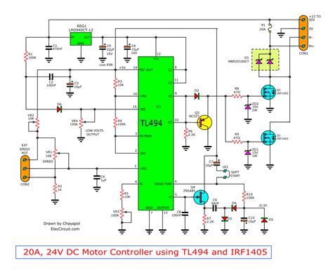 A bidirectional h bridge dc motor control circuit is shown here. 12V DC motor speed control PWM circuit using TL494