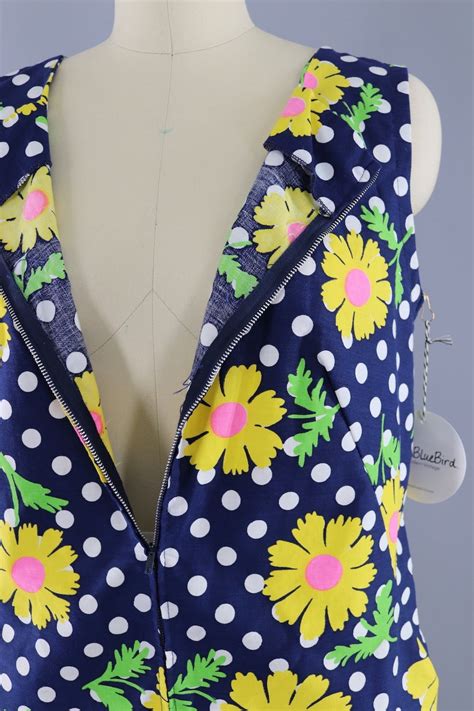 Vintage 1960s Navy Blue Polka Dots Mod Floral Print Shift Dress