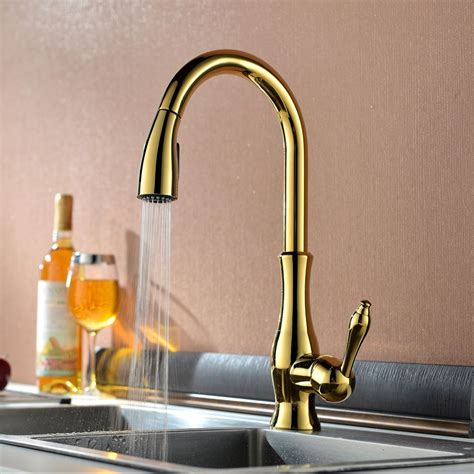 It seems gold is pretty popular when it comes to faucets. Titanium Gold Brass Singel Lever High Arc Pull Down ...