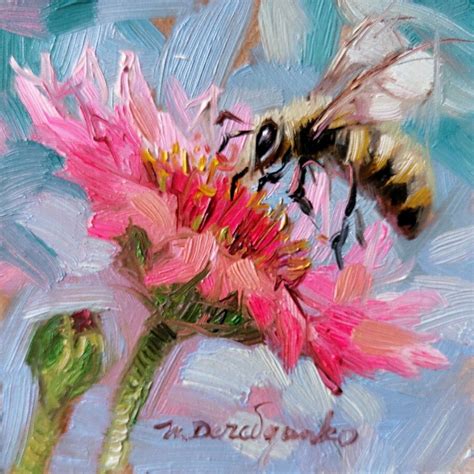 Bee On Pink Flower Oil Painting Original Bee Painting Flower