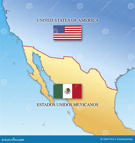 Usa And Mexico Border Map With National Flags Cartoon Vector