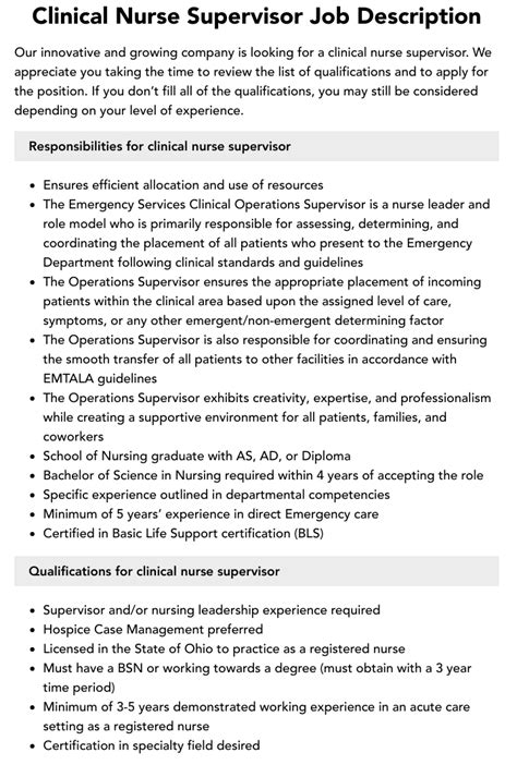 Clinical Nurse Supervisor Job Description Velvet Jobs
