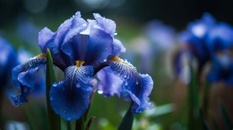 Beautiful Image Of Blue Iris Flowers With Dew Droplets Background A