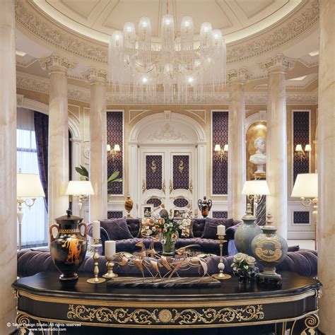 A Fancy Living Room With Purple Couches And Chandelier In The Centerpiece