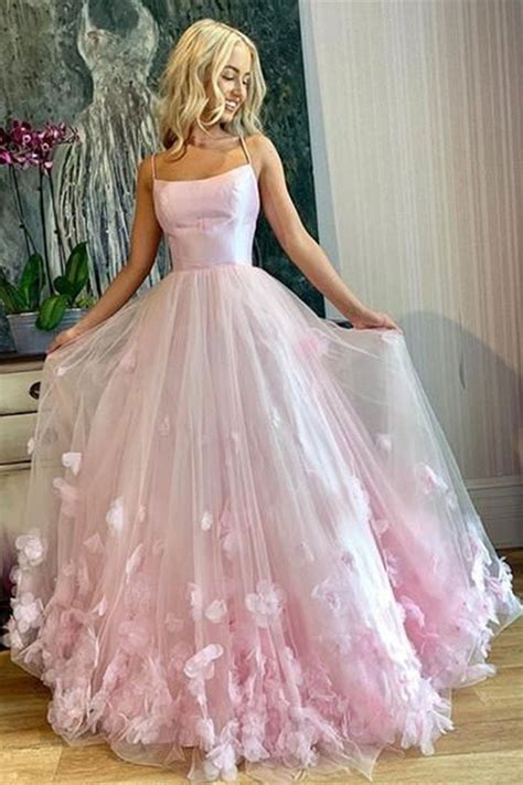 Pink Tulle Floral Long Prom Dresses Spaghetti Straps Pink Floral Long Formal Evening Dresses