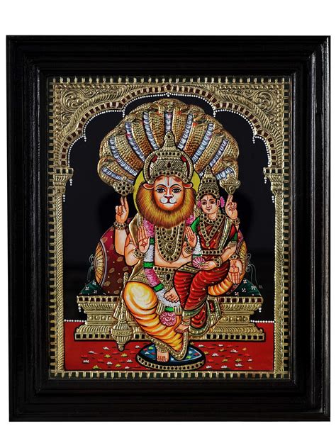 Deities Narasimha Lakshmi With Protecting Sheshnag Tanjore Painting