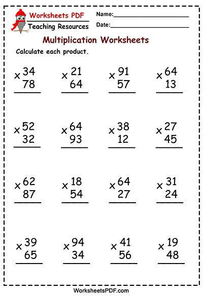 2 Digit By 2 Digit Multiplication Worksheets With Answers Times Free