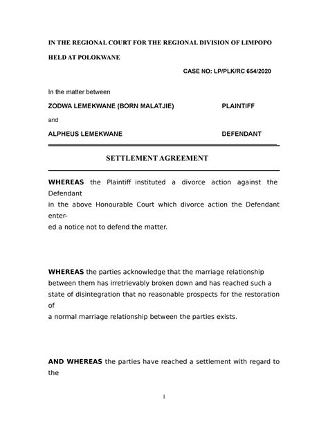 Settlement Agreement Sample In The Regional Court For The Regional