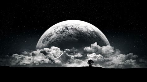 Planet Moon Clouds Stars Night Black White