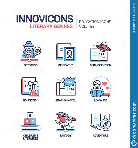 Literary Genres Line Design Style Icons Set Stock Vector