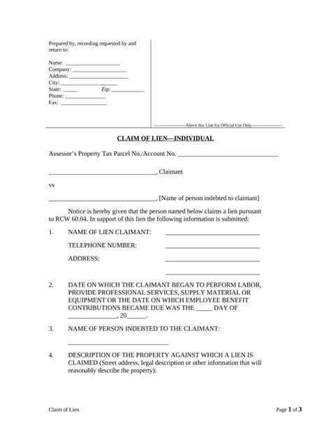 Claim Of Lien By Individual Mechanics Liens Washington Form Fill Out
