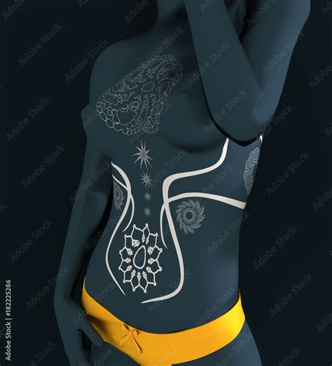 Beautiful Sexy Fitness Girl Pretty Naked Woman Posing Ornamental Tattoo On Girls Body Half