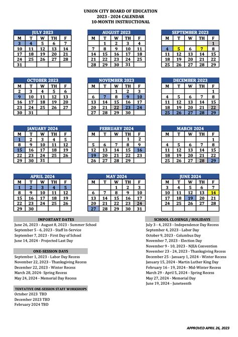 2023 2024 School Calendar 10 Month Instructional Calendar Union