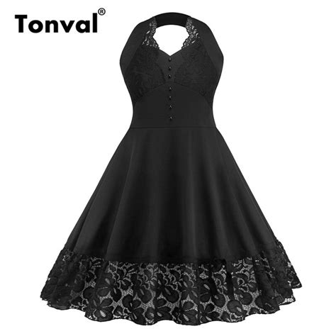 Buy Tonval Vintage Women Black Floral Lace Hem Button Fit And Flare Dress