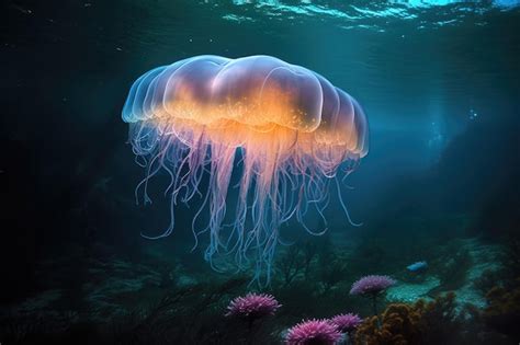 Premium Ai Image Bioluminescent Jellyfish Floating Near Coral Reef