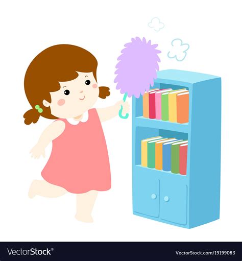 Cute Girl Wiping The Dust From Bookshelf Vector Image