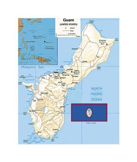 Detailed Political Map Of Guam With Relief Roads Cities Airports And Flag Guam Oceania