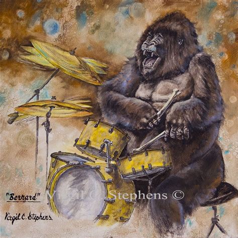 Bernard Original Oil Painting Of A Gorilla Playing The Drums By