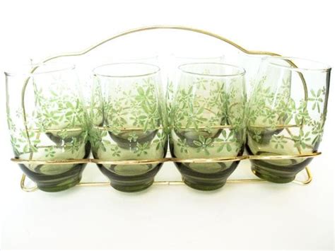 Retro Libbey Olive Drinking Glasses With Raised Flowers And Caddy Set Of 8 Drinking Glasses
