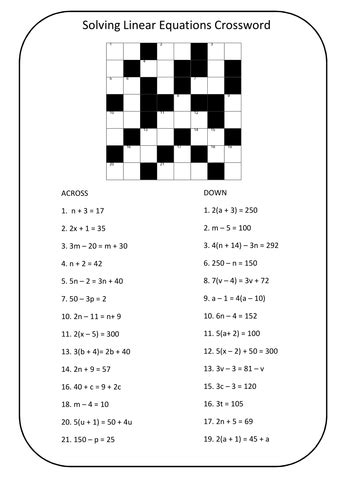 Fill in the missing numbers. Solving Equations Cross Number by PrescotMaths - Teaching ...