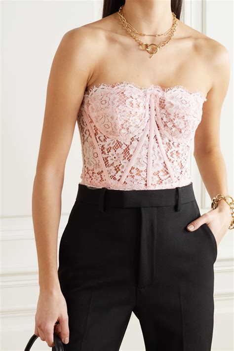 Pink Strapless Grosgrain Trimmed Corded Lace Bustier Top Dolce