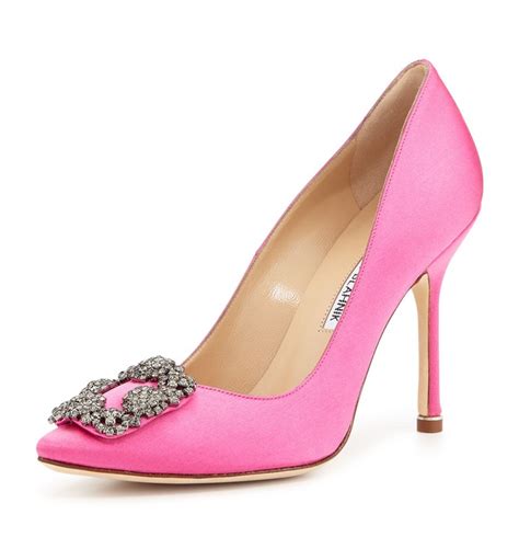 Manolo Blahnik Hangisi Crystal Buckle Satin Mm Pump Pink Shoes Post