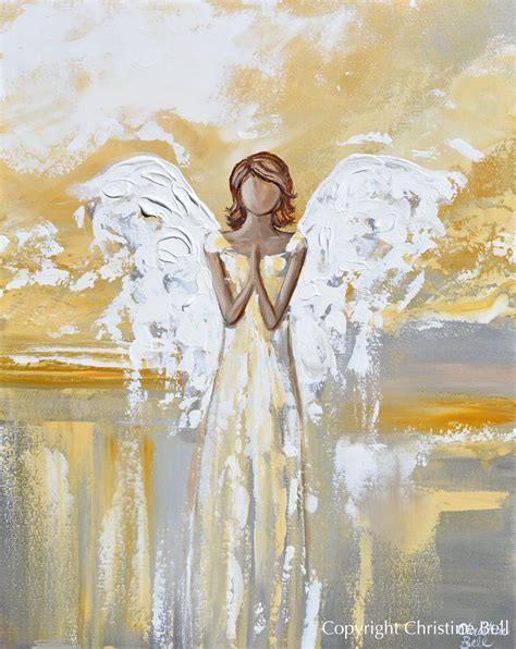 Original Angel Painting Guardian Angel W Gold Leaf Home Decor Wall Art