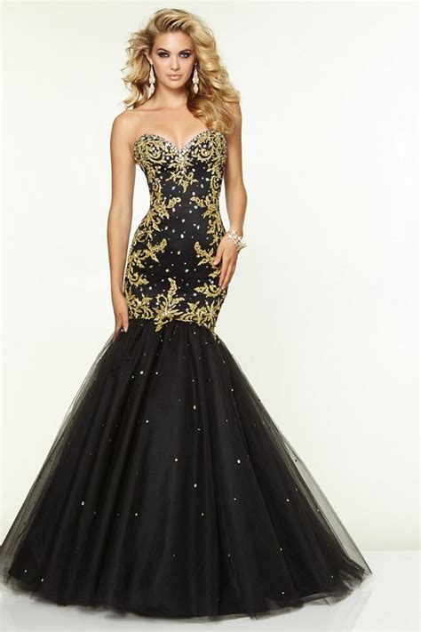 Charming 2015 Black Mermaid Prom Dresses Gold Appliques Long Sweetheart Neck Lace Up Tulle