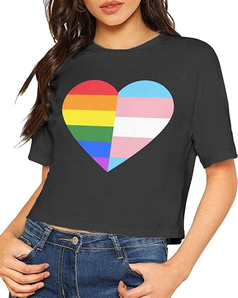 Womens Lgbt Rainbow And Transgender Pride Flag Heart Crop Tops Tee