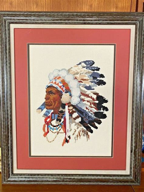 Vintage~native American~indian Chief Needlepoint~matted And Framed Art
