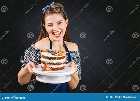 Pin Up Styled Woman Presenting Cake Stock Photo Image Of Black