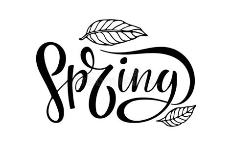 Spring Calligraphy Lettering With Leaves Sketch Black Isolated On White