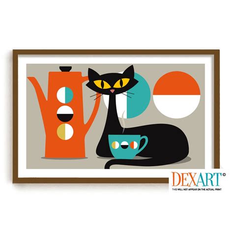 Mid Century Modern Cat And Kitchen Art Print Wall Art Black Cat Lover