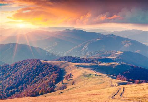 Colorful Autumn Sunrise In The Carpathian Mountains Stock Photo Image