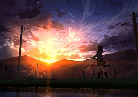 Anime Girl Bicycle Sunset Scenic School Uniform Mountain Clouds Anime