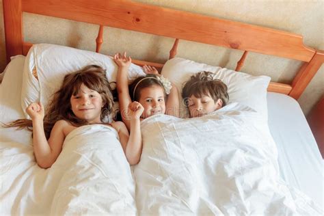 Young Children Boy Girls Sleeping Bed Home Indoor Portrait Stock Photos