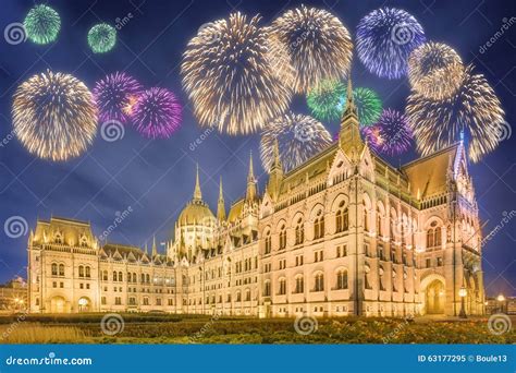 Beautiful Fireworks Above Hungarian Parliament Stock Image Image Of