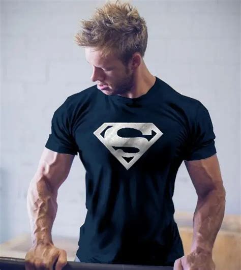 Men Shirt Gold Silver Superman Clothing Cotton Bodybuilding Fitness D