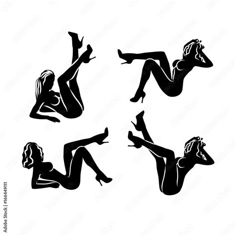 Set Of Four Black And White Female Sexy Silhouettes With Legs Upward