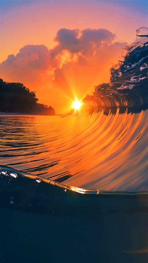Sunset Wave Nature Sun Sunshine Water Waves Hd Phone Wallpaper