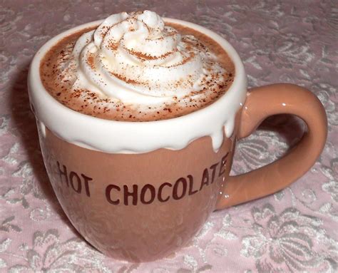 hot cocoa in a hot chocolate mug filled with whipped cream hot chocolate mug whipped cream