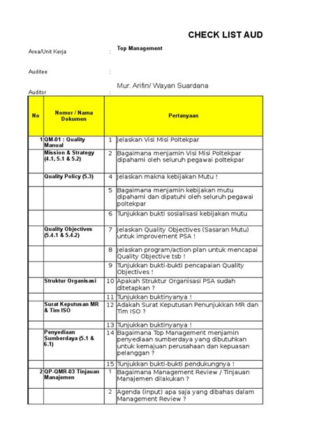 Contoh Audit Internal Check List Iso 9001 2008 Pdf To Word Imagesee