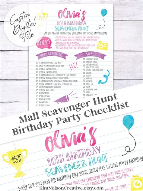 Mall Scavenger Hunt Birthday Party Checklist Custom Etsy