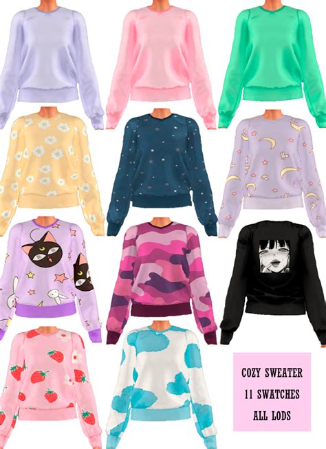 Six Different Colored Sweaters With Cats And Clouds On The Front All