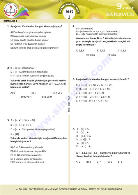 Meb S N F Matematik Kazan M Kavrama Testleri