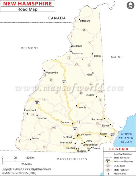 New Hampshire Road Map Map Of Nh Road New Hampshire Map Ossipee