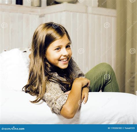 Little Cute Brunette Girl At Home Interior Happy Smiling Close U Stock