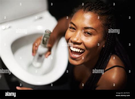Black Woman Face And Drinking Alcohol By Toilet In Party Event Birthday Celebration Or