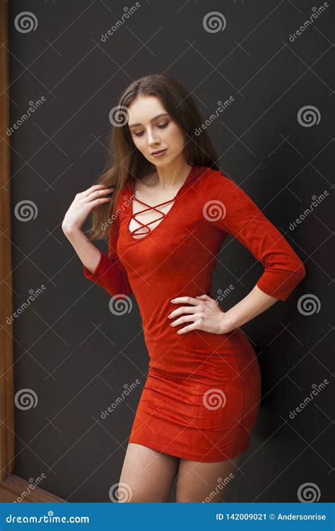Young Beautiful Brunette Model In Red Dress Stock Image Image Of Glamour Lady 142009021