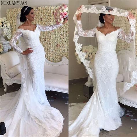 Elegant sleeveless white lace wedding dress scoop neck mermaid wedding dress. Vintage Mermaid Long Sleeve Wedding Dresses Bridal Gowns V ...